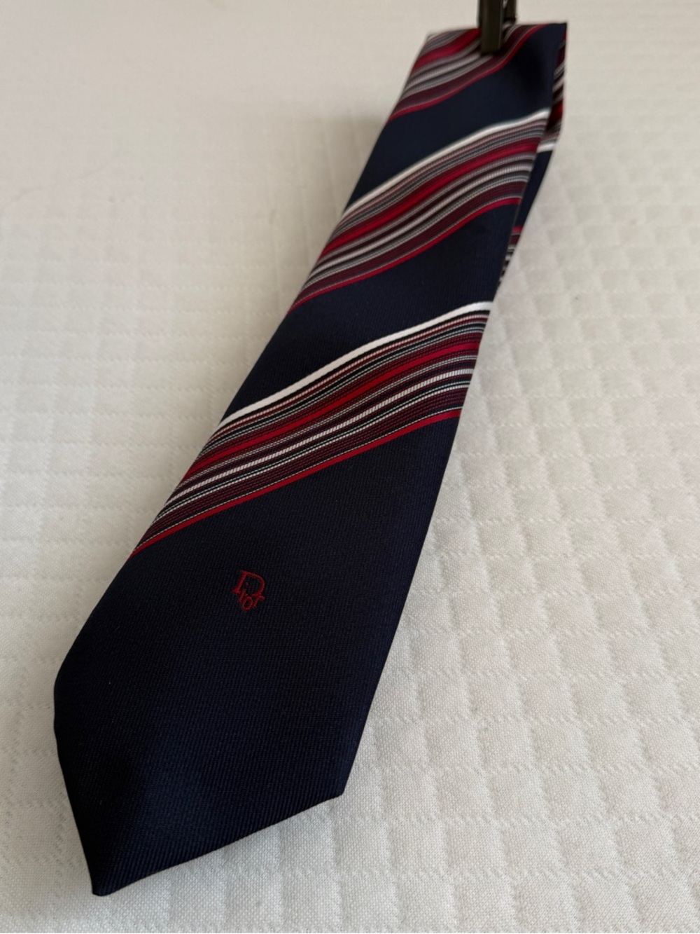 VTG 90s Christian Dior Tie Navy Striped Red Logo Luxury Preppy Old Money Career